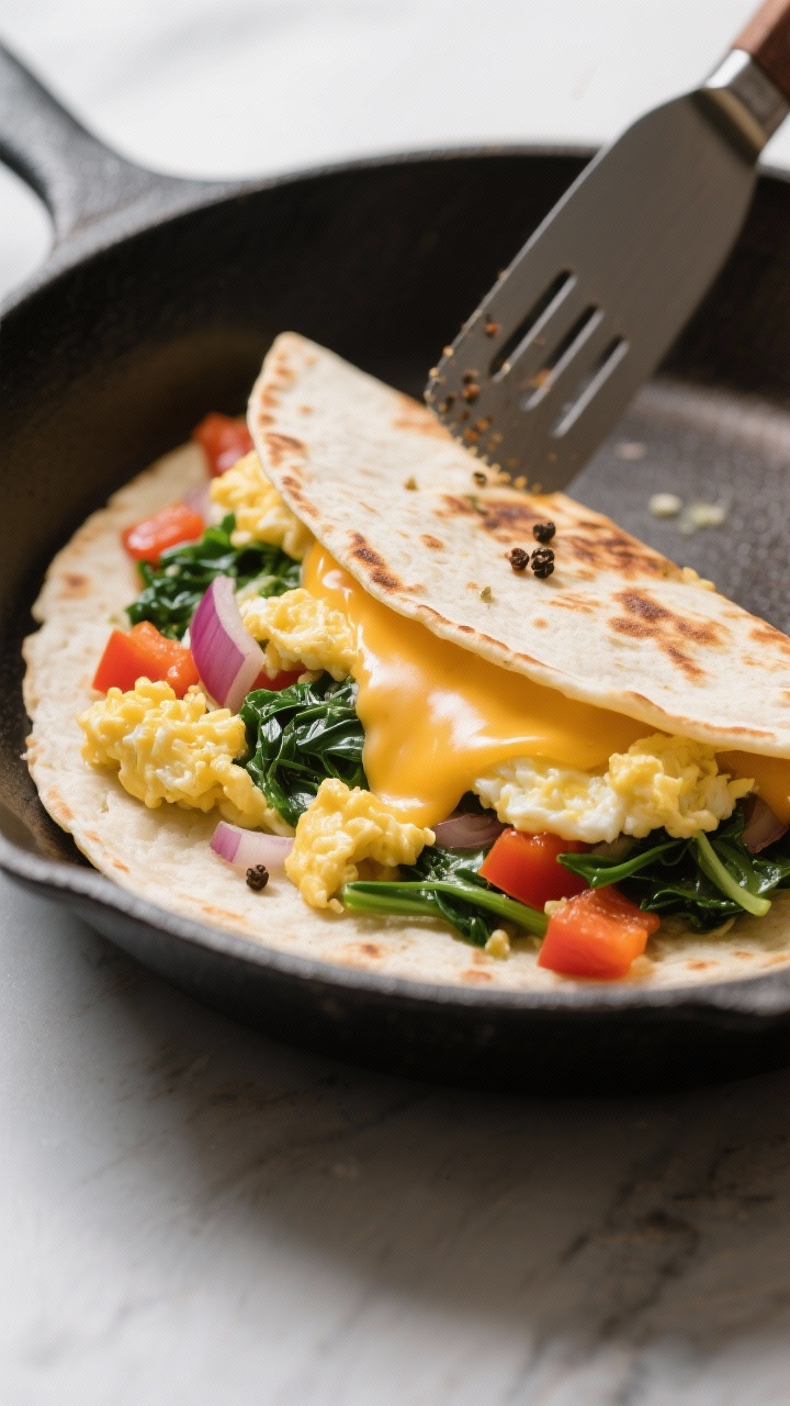 45-degree action shot of a breakfast quesadilla in a skillet: tortilla folded over a filling of softly scrambled eggs, diced bell pepper, onion, chopped spinach, and melted Monterey Jack; edges crisping, a little cheese stretch at the seam, salt and pepper flakes visible; a spatula poised to flip.