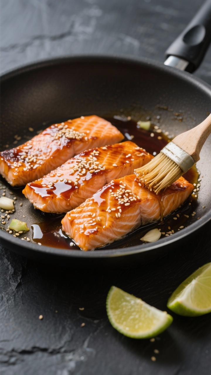 45-degree action shot of honey-soy glazed salmon just brushed in the pan: four fillets lacquered with a sticky glaze of low-sodium soy sauce, honey, sesame oil, rice vinegar or lime juice, and minced garlic. Caramelized edges, sesame sheen, a few lime wedges nearby, glaze dripping gently off a pastry brush, in a nonstick skillet over a dark slate surface.