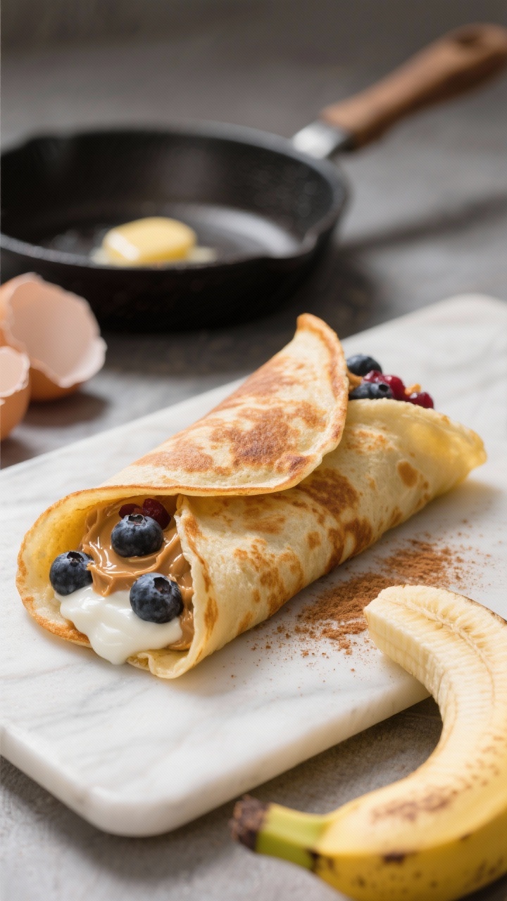 45-degree action shot of two-ingredient banana pancake wrap: a thin, golden-brown pancake folded and stuffed with peanut butter and a few berries, slight drizzle of yogurt, cinnamon dust; buttered skillet in background, eggshells and banana peel subtly included to hint at ingredients.