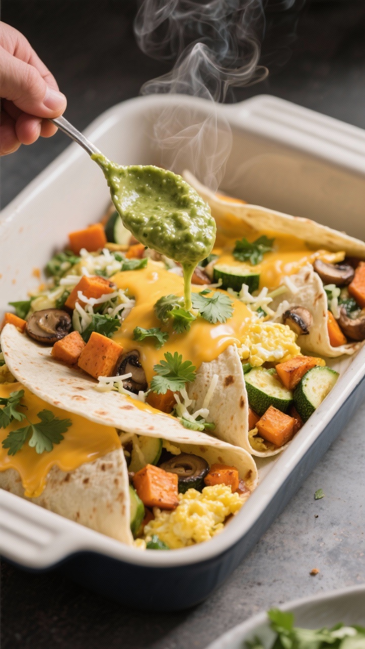 45-degree action shot of veggie-packed breakfast enchadas being sauced: snug tortillas in a baking dish filled with softly scrambled eggs, roasted vegetable medley (sweet potato cubes, zucchini, mushrooms), and shredded pepper jack; creamy salsa verde being spooned over the top; melted cheese peeking from edges; garnished with cilantro, steam rising.