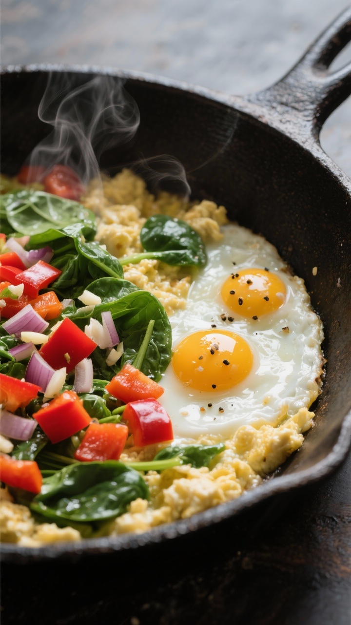 45-degree angle action shot of an egg white veggie scramble in a nonstick skillet: glossy diced bell pepper and onion sautéed in a hint of olive oil, baby spinach wilting with minced garlic, fluffy egg whites just set, finished with salt and black pepper; steam rising, cast-iron look background, vibrant greens and reds popping against the pale eggs.