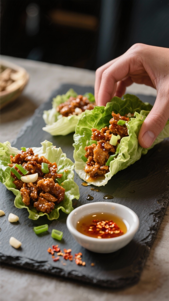 45-degree angle action shot of Crispy Honey-Chili Chicken Lettuce Wraps being assembled on a slate board: caramelized ground chicken glazed with soy sauce, honey, and rice vinegar, studded with minced garlic, grated ginger, and sliced green onions; crisp butter lettuce cups ready to fill, a small bowl of extra honey-chili glaze, chili flakes for heat; neutral oil sheen visible; moody restaurant lighting with sharp focus on texture and sticky glaze, background softly blurred.