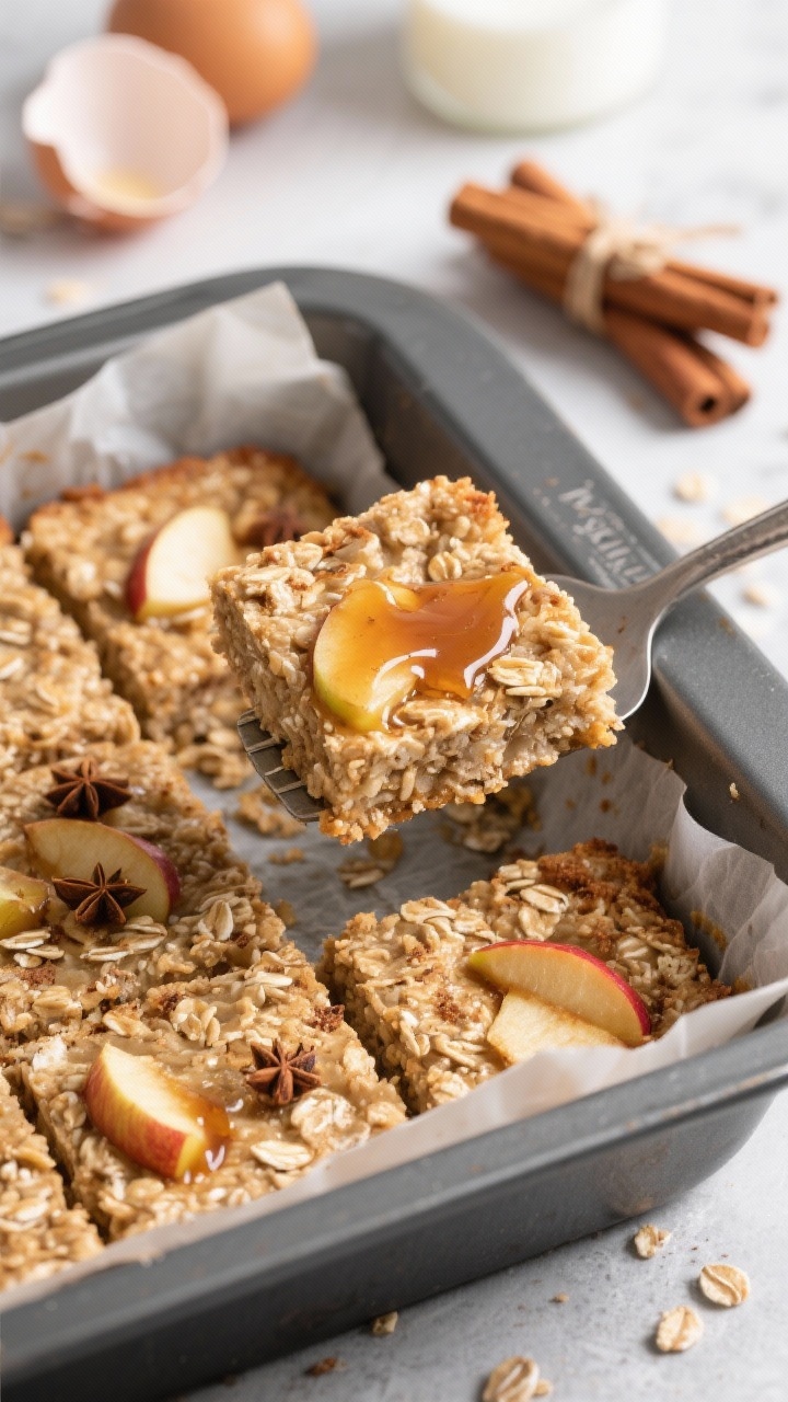 45-degree angle baking dish of baked apple-cinnamon steel-cut oatmeal squares: parchment-lined pan with neatly cut squares, speckled with cinnamon and nutmeg, studded with tender apple pieces. Maple syrup glaze lightly brushed, a square lifted on a spatula to show hearty, nubby oat texture. Ingredients—milk, eggs, vanilla—styled subtly in the background with a cinnamon stick bundle.