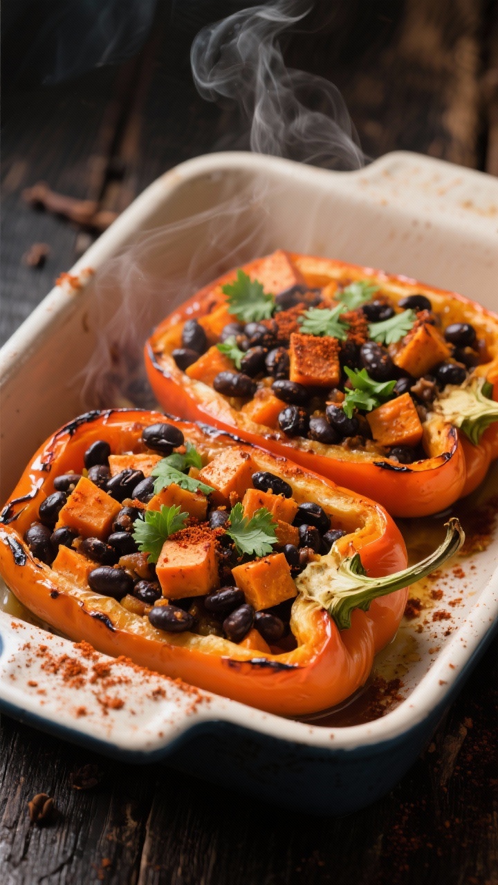 45-degree angle baking dish shot of Smoky Sweet Potato & Black Bean Stuffed Peppers: halved bell peppers filled with small-diced roasted sweet potato mixed with black beans and seasoned with smoked paprika, cumin, and chili powder; slightly charred pepper edges, vibrant orange and black contrast; a dusting of paprika on top and a cilantro sprinkle; steam subtly rising; rustic cast-iron or enamel dish on a dark wood surface.