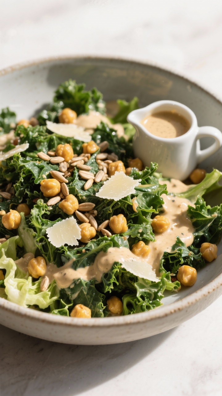 45-degree angle bowl shot of creamy tahini kale Caesar with crispy chickpeas: chopped curly kale (and some romaine for extra crunch) massaged and tossed in a silky tahini Caesar dressing; topped with golden roasted crispy chickpeas and delicate shavings of Parmesan (or dairy-free alternative); sprinkled with toasted sunflower seeds; served in a large ceramic salad bowl with extra dressing in a small pitcher; soft natural light highlighting creamy dressing and crunchy textures, clean modern styling, no people.