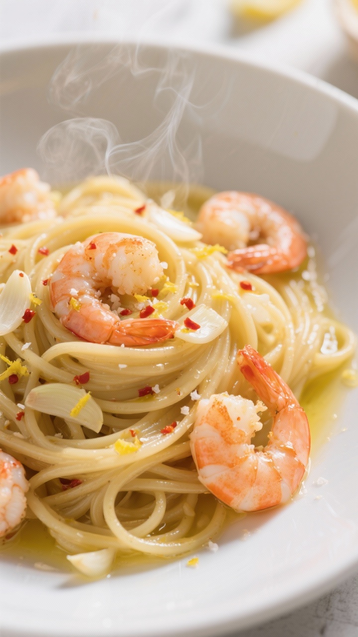 45-degree angle close-up of 15-minute garlicky shrimp scampi pasta: al dente linguine glossy with olive oil and melted butter, tossed with thinly sliced garlic, red pepper flakes, plump pink shrimp, and flaky sea salt. Lemon zest flecks and a splash of pasta water sheen visible, steam rising, twirl of pasta centered in a shallow white bowl, bright yet soft light evoking quick weeknight Italian comfort.