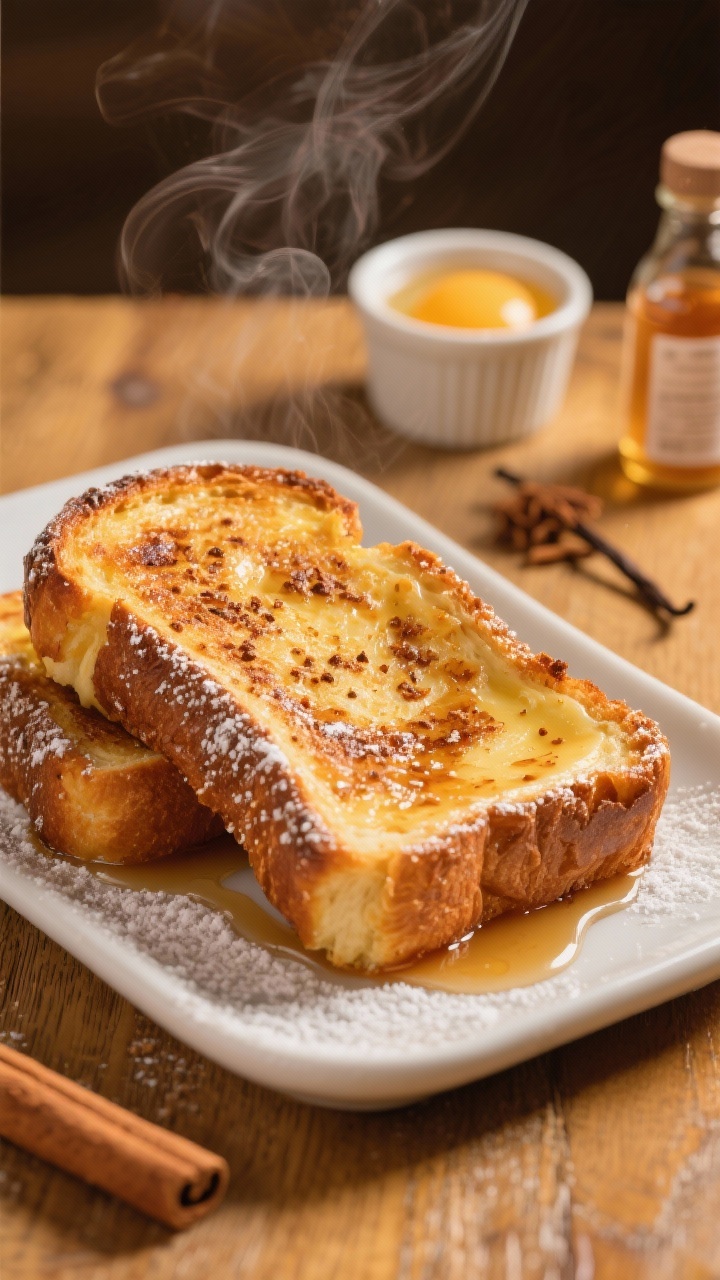 45-degree angle close-up of crispy-edged French toast made from thick-cut brioche, caramelized brown sugar crunch along the rim, cinnamon-speckled custard interior. Light dusting of powdered sugar, drizzle of maple syrup pooling, and a small ramekin with beaten eggs, vanilla extract bottle, and a pinch of cinnamon nearby on a warm wooden surface. Golden, cozy tones, no people, steam gently rising.