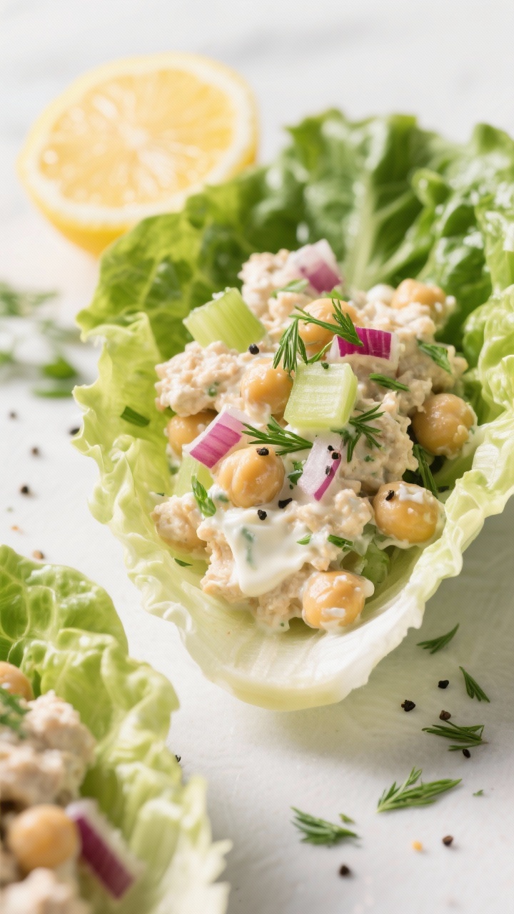 45-degree angle, crisp lettuce boats filled with herbed chickpea “chicken” salad: mashed and roughly chopped chickpeas bound with plain nonfat Greek yogurt, a touch of light mayonnaise, Dijon mustard, and lemon juice; folded with finely diced celery, red onion, and fresh dill and parsley; scooped generously into romaine or butter lettuce leaves, cracked black pepper on top; bright, airy styling with a lemon half and chopped herbs scattered.