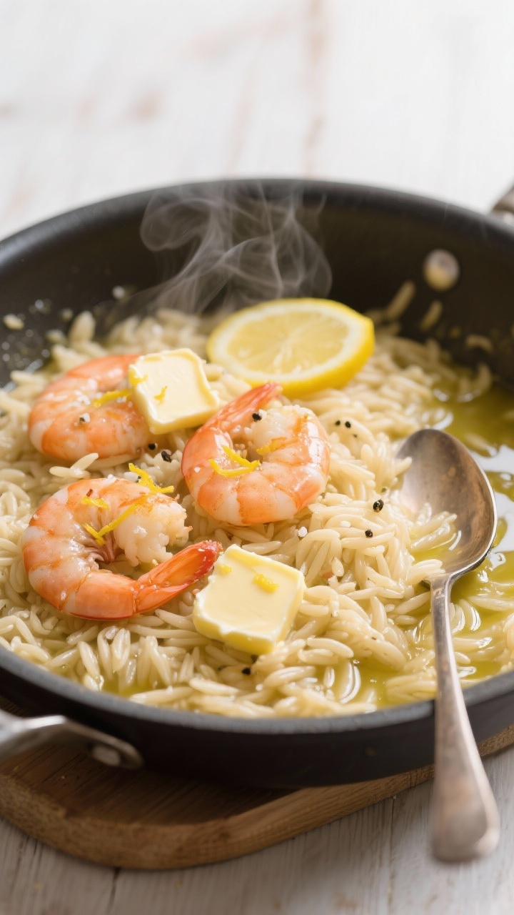 45-degree angle of a shallow skillet one-pan lemon butter orzo with shrimp: glossy orzo simmered in low-sodium broth, coated in garlicky lemon-butter sauce (olive oil plus two pats of melting butter visible), plump pink shrimp nestled on top, garnished with lemon zest and a sprinkle of kosher salt and cracked pepper; steam rising; set on a light wooden surface with a spoon resting in the pan.