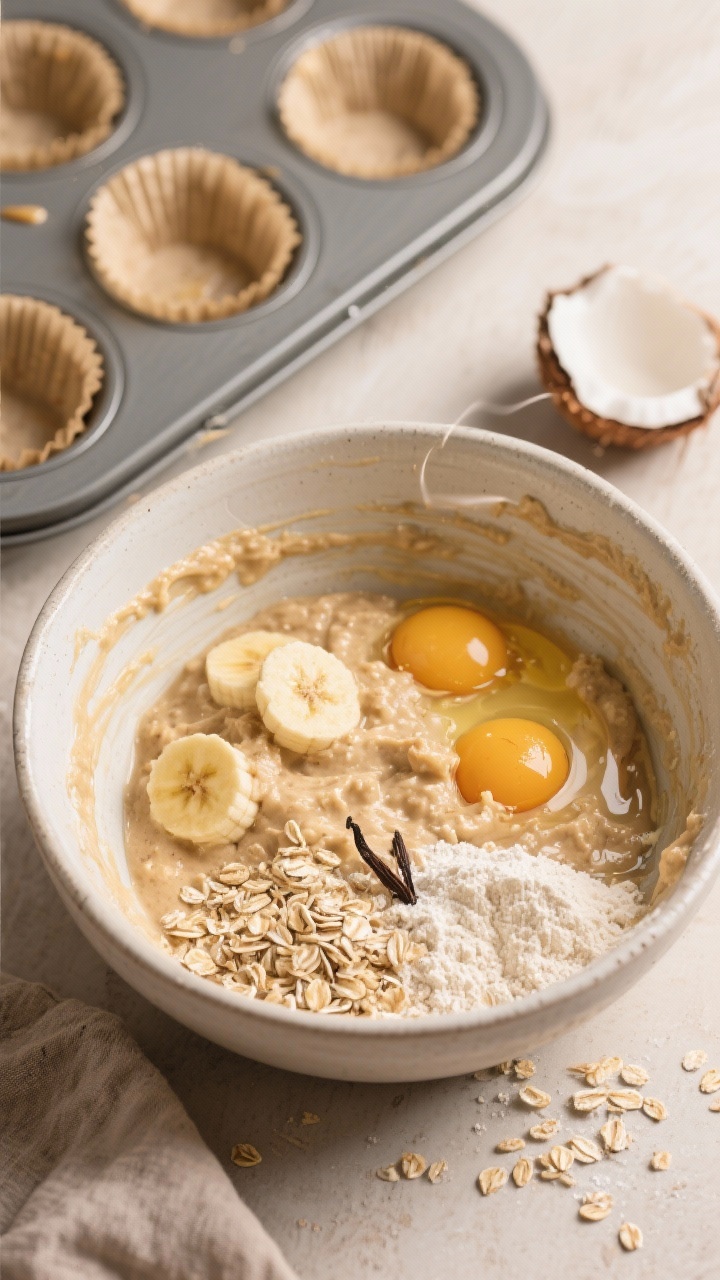 45-degree angle of banana oat muffin batter in a single mixing bowl: mashed ripe bananas, eggs, maple syrup, melted coconut oil, vanilla, rolled oats, flour, and baking powder folded together; a muffin tin lined with papers waiting beside, a drizzle of batter on the rim, warm neutral tones for cozy, homemade appeal.