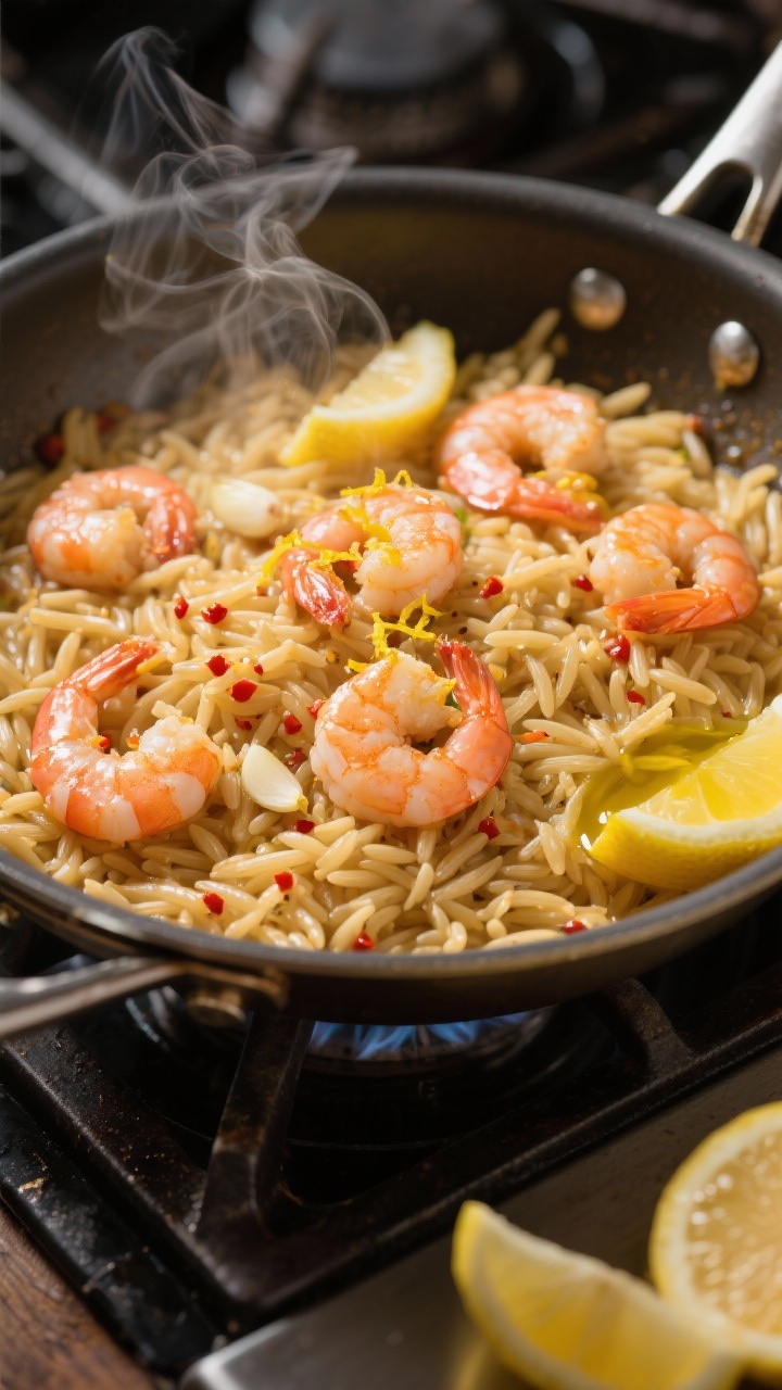45-degree angle, one-pan garlicky shrimp and orzo on the stovetop in a stainless skillet: glistening orzo simmered in low-sodium stock with minced garlic and red pepper flakes, plump pink shrimp nestled on top, steam rising; lemon zest sprinkled and lemon halves in frame; finishing drizzle of olive oil; elegant yet simple, golden tones, shallow depth of field.