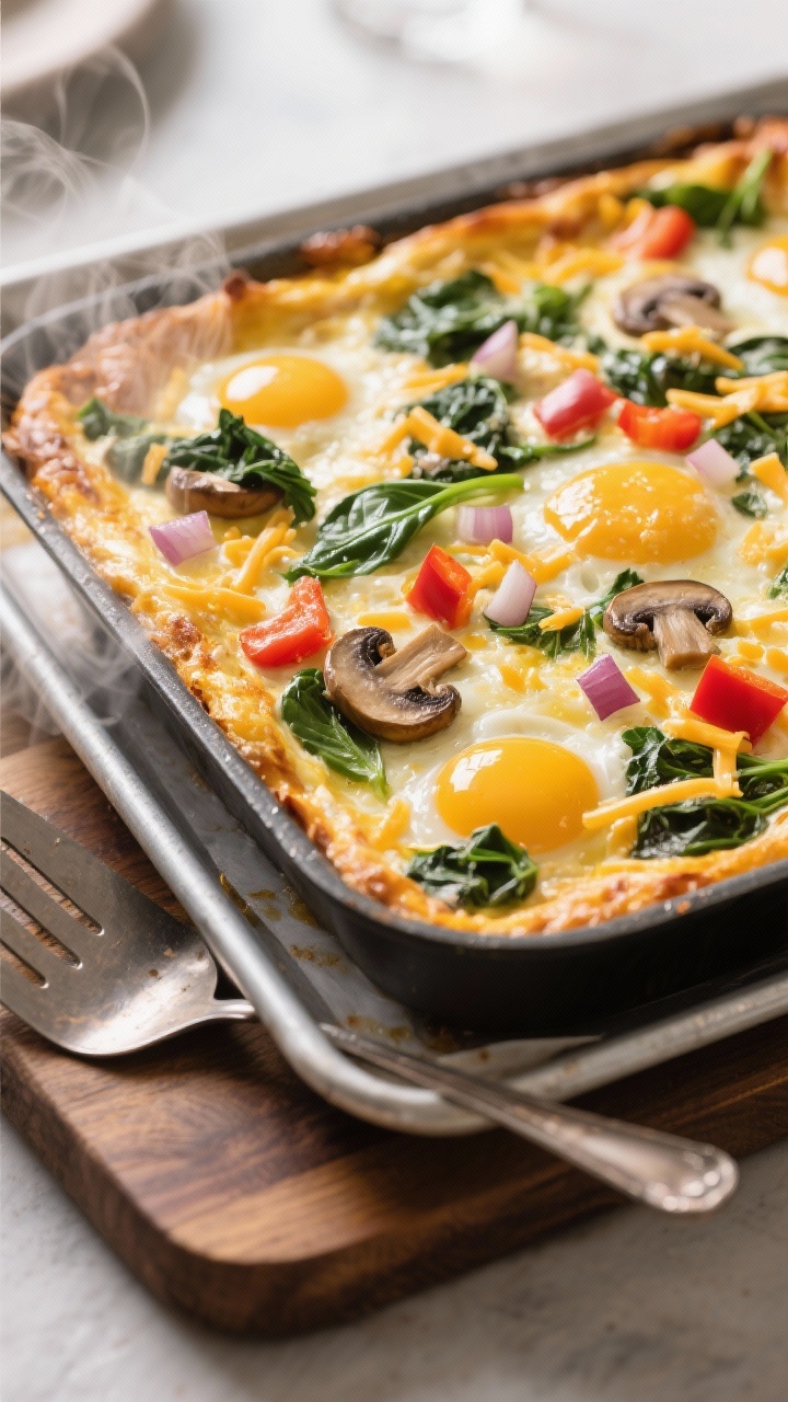 45-degree angle pan shot of a savory veggie egg bake just out of the oven: a golden, puffed casserole with visible shards of shredded sharp cheddar, diced onion and red bell pepper, wilted chopped baby spinach, and pockets of sautéed mushrooms; edges slightly browned, olive oil gloss on top, set on a sheet-pan lined wooden board with a metal spatula nearby, steam faint, cozy brunch mood.
