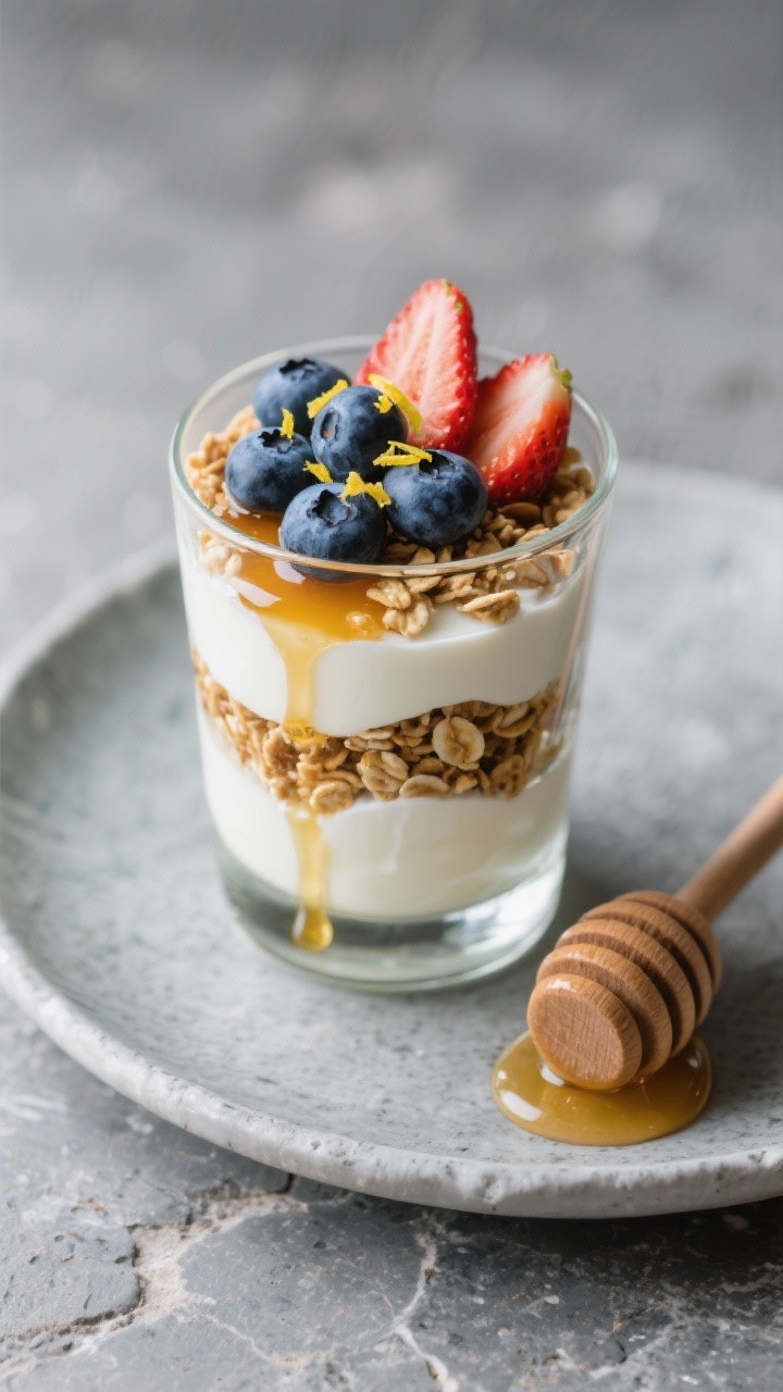 45-degree angle plated parfait in a clear glass tumbler showing defined layers: thick plain Greek yogurt, a drizzle of glossy honey, a band of crunchy granola, and a top of mixed berries (blueberries and sliced strawberries); tiny pinch of lemon zest sprinkled on top, a honey dipper resting nearby; styled on a cool gray stone surface for contrast, clean and refreshing mood.
