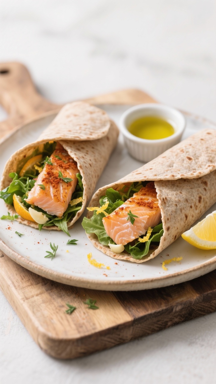 45-degree angle plated presentation of Citrus Herb Salmon Salad Wraps: two whole-grain tortillas filled with flaked roasted salmon seasoned with olive oil, smoked paprika, garlic powder, salt and pepper, tucked with mixed greens and citrus zest; wraps snug but not soggy, one cut on a bias to show juicy salmon and herbs; lemon wedges and a small ramekin of olive oil on a rustic board, clean bright styling, soft shadows.