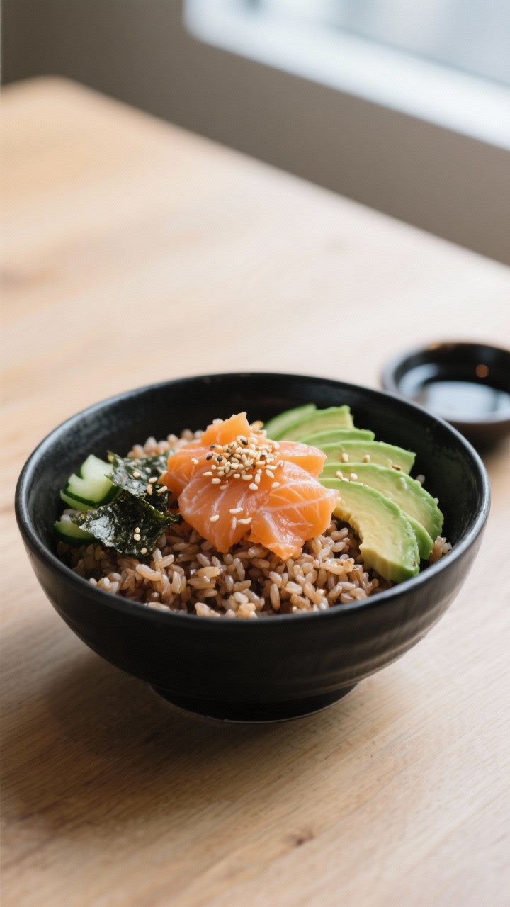 45-degree angle plated presentation of smoky salmon and avocado brown rice sushi bowls: short-grain brown rice seasoned with rice vinegar, a hint of maple syrup, and sea salt; topped with flakes of cooked or hot-smoked salmon, neatly fanned avocado slices, and crisp cucumber pieces; garnished with toasted sesame seeds and nori strips; a small dish of soy-tamari on the side; minimalist Japanese-inspired styling with matte black bowl on a light wood table, soft window light, appetizing gloss, no people.