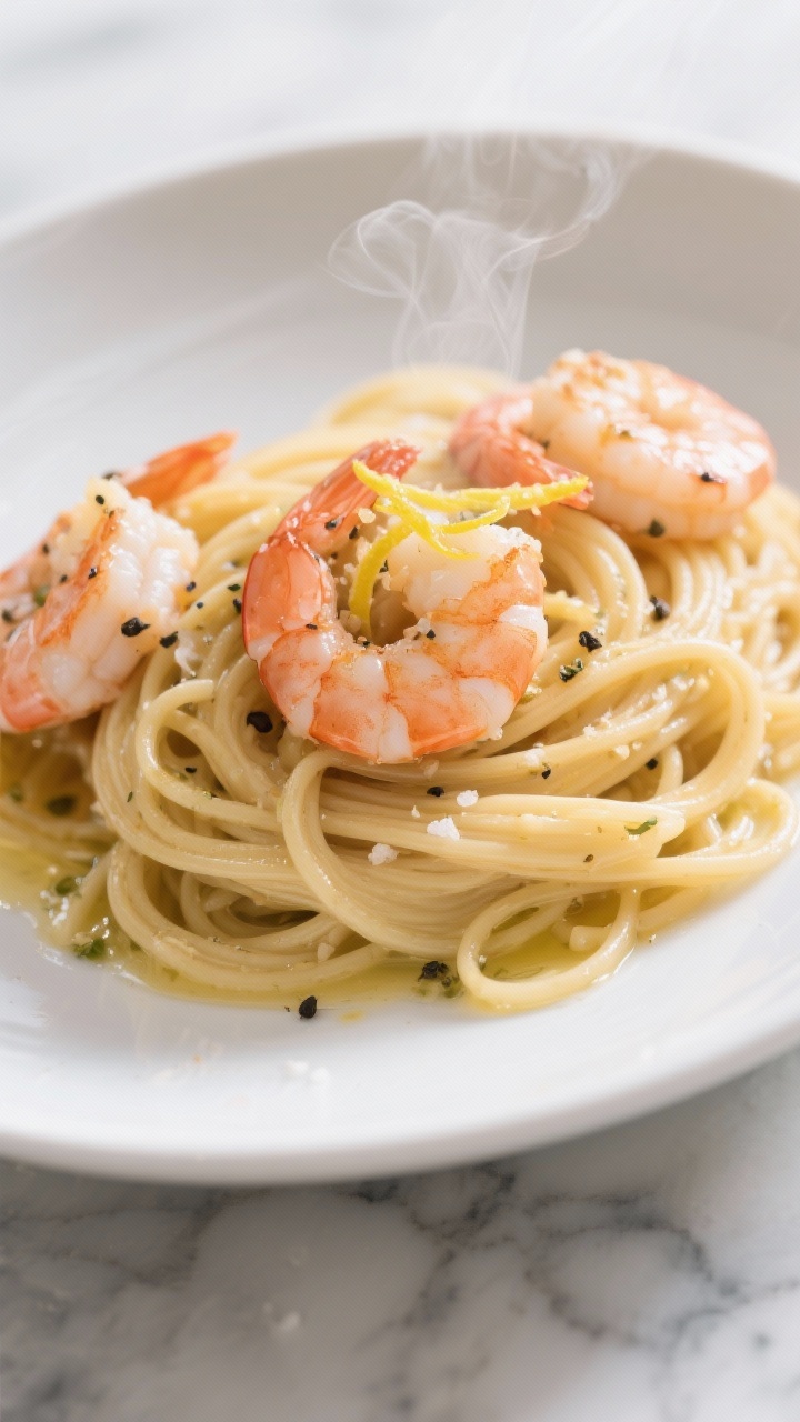 45-degree angle plated shot of garlicky shrimp scampi pasta: spaghetti twirled into nests with plump pink shrimp on top, glossy from a butter and olive oil sauce, flecks of black pepper and kosher salt visible. Light steam rising, lemon zest shimmer, and a subtle drizzle of sauce clinging to the pasta strands on a white shallow bowl over marble.
