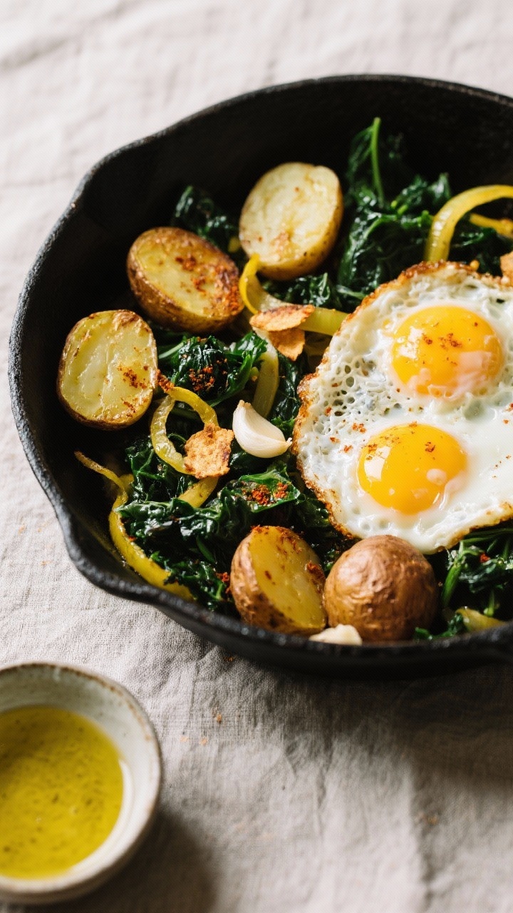 45-degree angle process shot of crispy-edge olive oil fried eggs nestled over garlicky baby potatoes and wilted greens in a black skillet: halved golden baby potatoes with browned, crackly edges, thinly sliced yellow onion strands, sliced garlic chips, baby spinach and chopped kale just wilted, dusting of smoked paprika, two eggs with lacy, frilled edges and glossy yolks; minimal styling, neutral linen, small bowl of extra olive oil nearby.