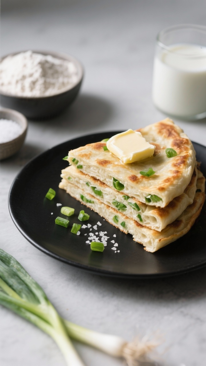 45-degree angle savory breakfast presentation of scallion pancakes (fluffy American-style), stacked on a matte black plate, cross-section wedge showing green flecks of scallions throughout the tender crumb; topped with a pat of butter and a sprinkle of flaky salt and extra sliced scallions; supporting elements: bowls with all-purpose flour, optional sugar, baking powder, baking soda, salt, and milk; minimalist, modern styling with cool daylight to emphasize savory tones.