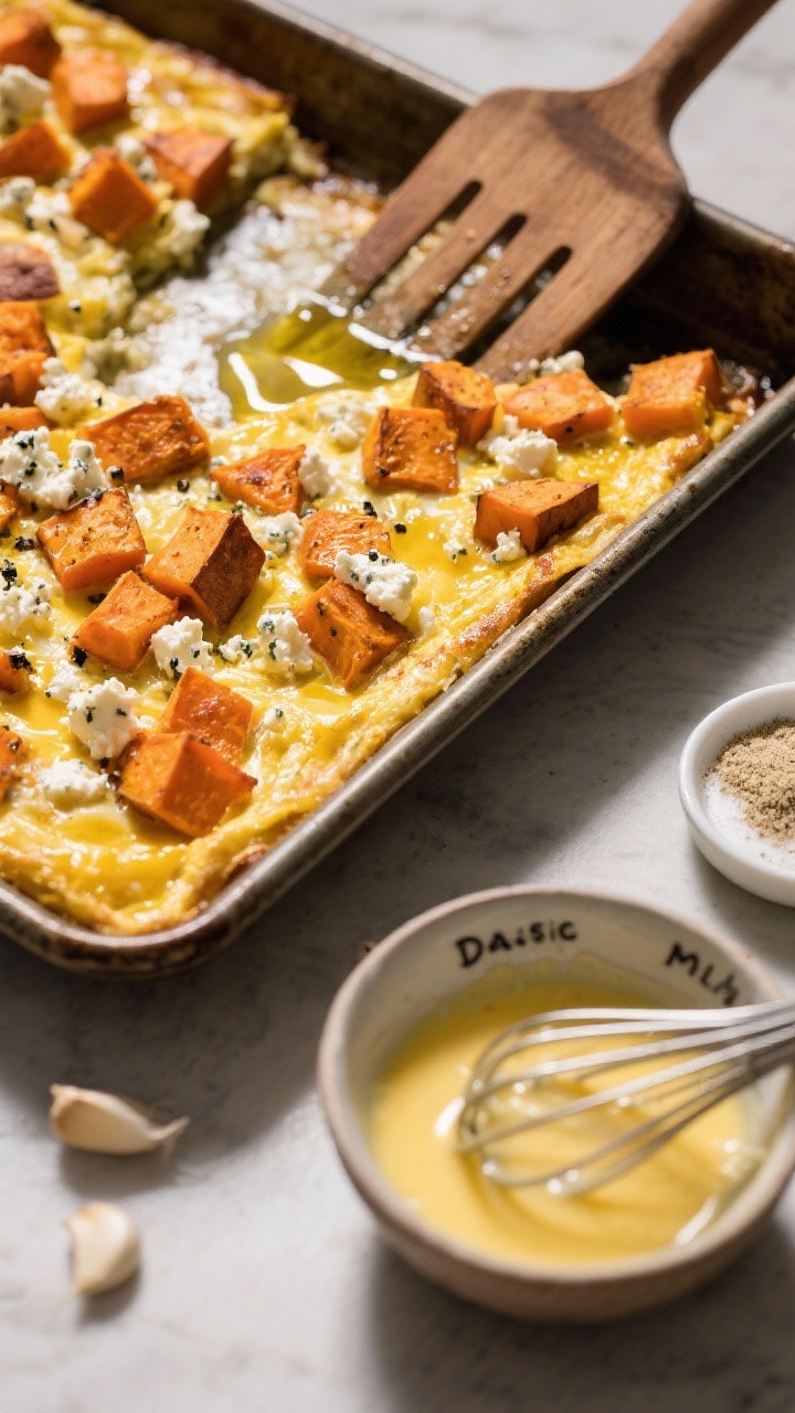 45-degree angle sheet-pan frittata with sweet potato and goat cheese: golden, puffed egg base with roasted sweet potato cubes, crumbles of tangy goat cheese, flecks of black pepper; a whisked egg mixture bowl nearby labeled with milk, Dijon mustard, and garlic powder; slices lifted with a spatula to show custardy interior; olive oil sheen on the pan, warm directional light for appetizing browning.