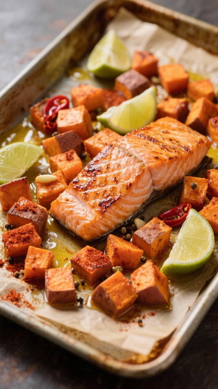45-degree angle sheet-pan scene highlighting smoky salmon with chili-lime sweet potatoes: fillets of salmon with a light char nestled among 1/2-inch sweet potato cubes tossed in olive oil, smoked paprika, ground cumin, garlic powder, salt, and black pepper; lime wedges on the tray and a light brush of olive oil glistening; parchment-lined pan on a rustic metal sheet, warm golden lighting emphasizing paprika-red and orange hues, appetizing roasted edges and caramelization.