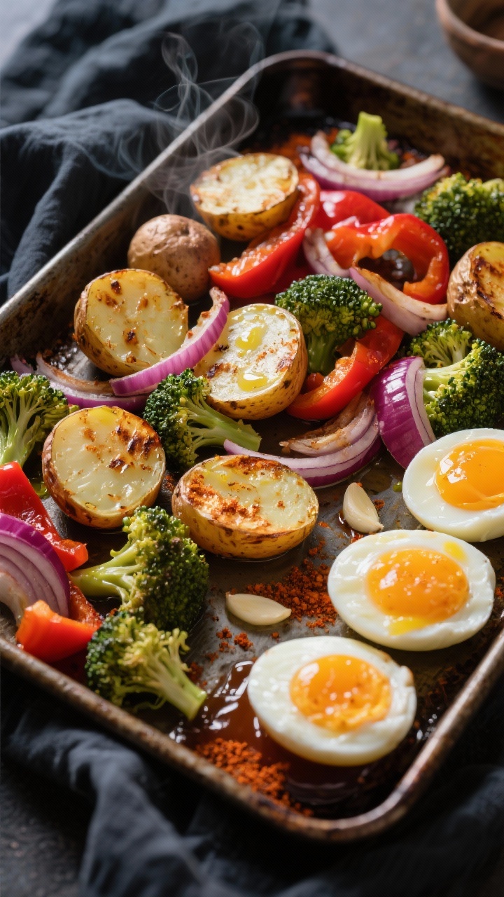 45-degree angle sheet-pan scene straight out of the oven: halved baby potatoes with blistered edges, roasted broccoli florets, sliced red onion and red bell pepper, all glistening with olive oil, smoked paprika, and garlic powder. Off to the side, jammy soft-boiled eggs halved with custardy yolks ready to top assembled breakfast bowls. Rustic baking sheet on a dark linen, steam visible, vibrant colors.