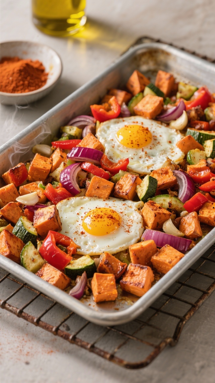 45-degree angle sheet-pan veggie hash with eggs: a metal sheet pan filled with 1/2-inch cubes of roasted sweet potato, diced red bell pepper, sliced red onion, and diced zucchini tossed in olive oil, smoked paprika, garlic seasoning, and salt; two sunny-side eggs nestled among the roasted vegetables with smoky paprika dusting visible; served on a rustic baking rack with a small bowl of smoked paprika and a drizzle of olive oil nearby, warm golden light emphasizing caramelized edges and steam.
