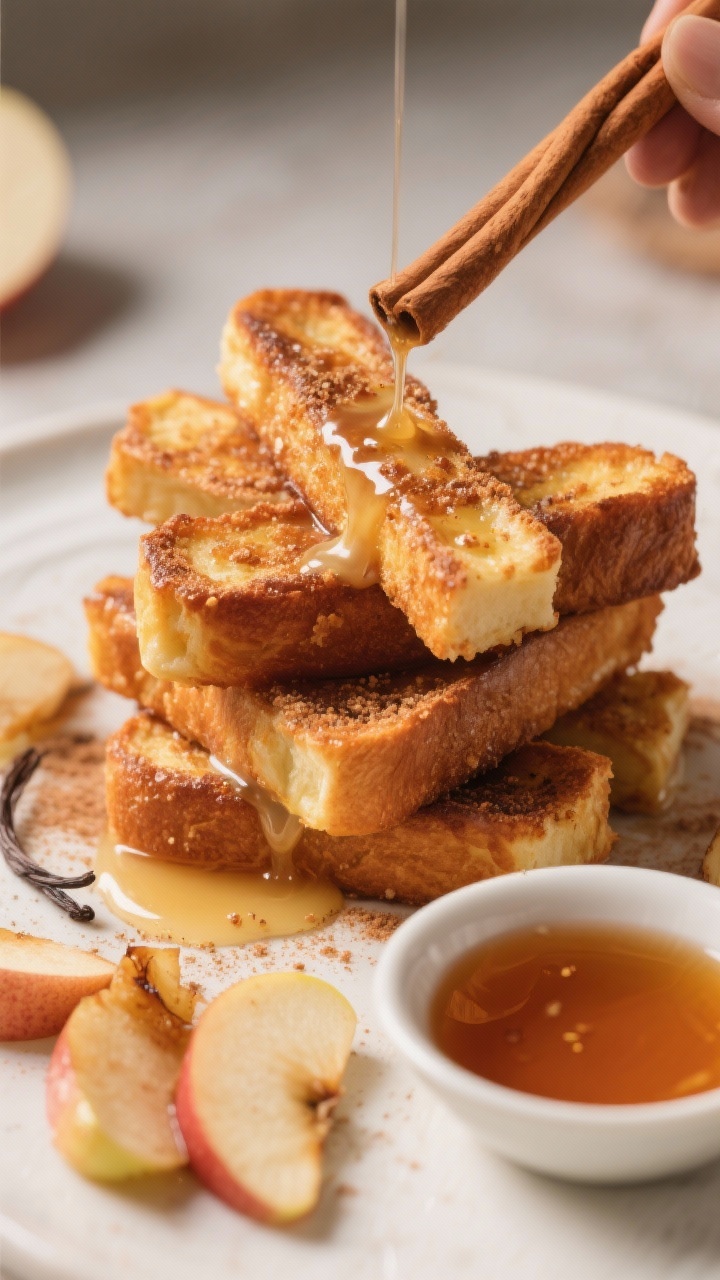 45-degree angle shot of apple-cinnamon French toast sticks stacked for dunking: thick-cut brioche batons coated in an egg-milk-cream custard, browned and dusted with cinnamon sugar, visible vanilla specks; a side of warm maple syrup for dipping; sautéed apple slices scattered around; soft, cozy lighting.