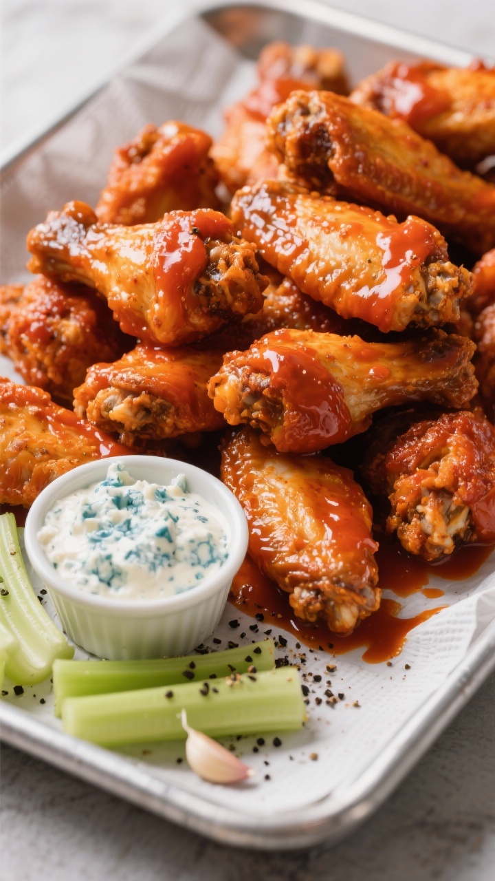 45-degree angle shot of classic air-fried Buffalo wings, flats and drumettes stacked high, skin glassy-crisp from baking powder rub. Glossy Buffalo sauce coating, served with a ramekin of blue cheese dressing and crisp celery sticks. Coarse black pepper and garlic powder hints visible, napkin and tray liner for casual party vibe, saturated colors.