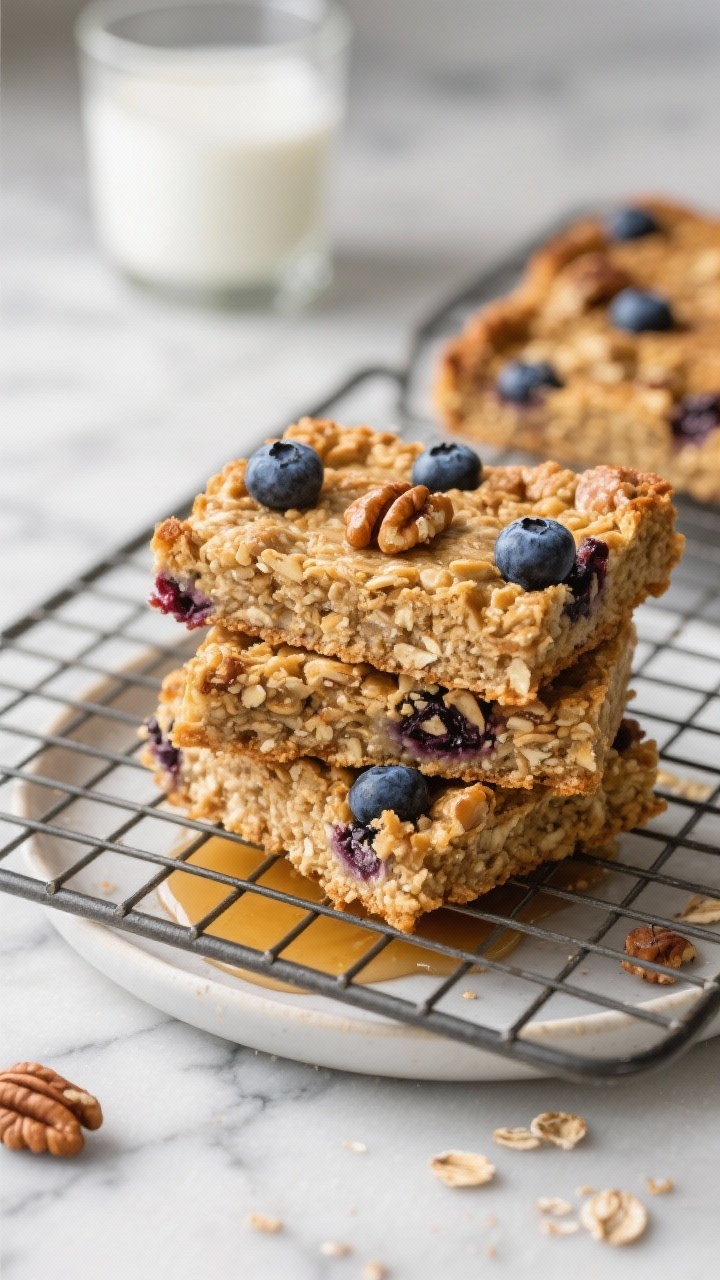 45-degree angle shot of maple blueberry baked oatmeal squares neatly cut and stacked on a cooling rack: golden, craggy tops studded with juicy blueberries and flecked with chopped walnuts/pecans, hints of cinnamon; a drizzle of maple syrup pooling on the plate below; soft crumbs but clean edges to show they don’t crumble; set on a cool-toned marble with a glass of milk in the background.