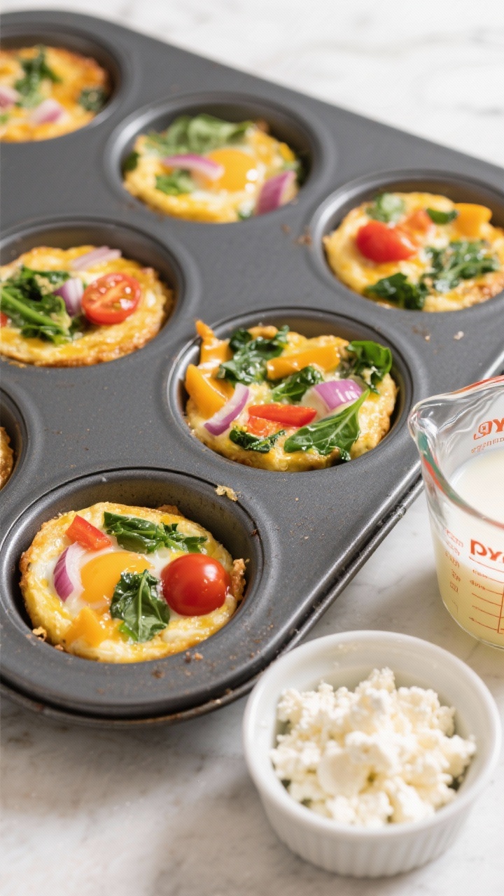 45-degree angle shot of veggie-packed egg muffins cooling in a dark nonstick muffin tin: golden, puffed tops with visible chopped baby spinach, diced bell pepper, red onion, cherry tomato halves, and melted cheddar; a small bowl of crumbled feta off to the side; beaten eggs in a glass measuring cup and a splash of milk in a ramekin; clean, bright kitchen backdrop, crisp detail highlighting the colorful veg.