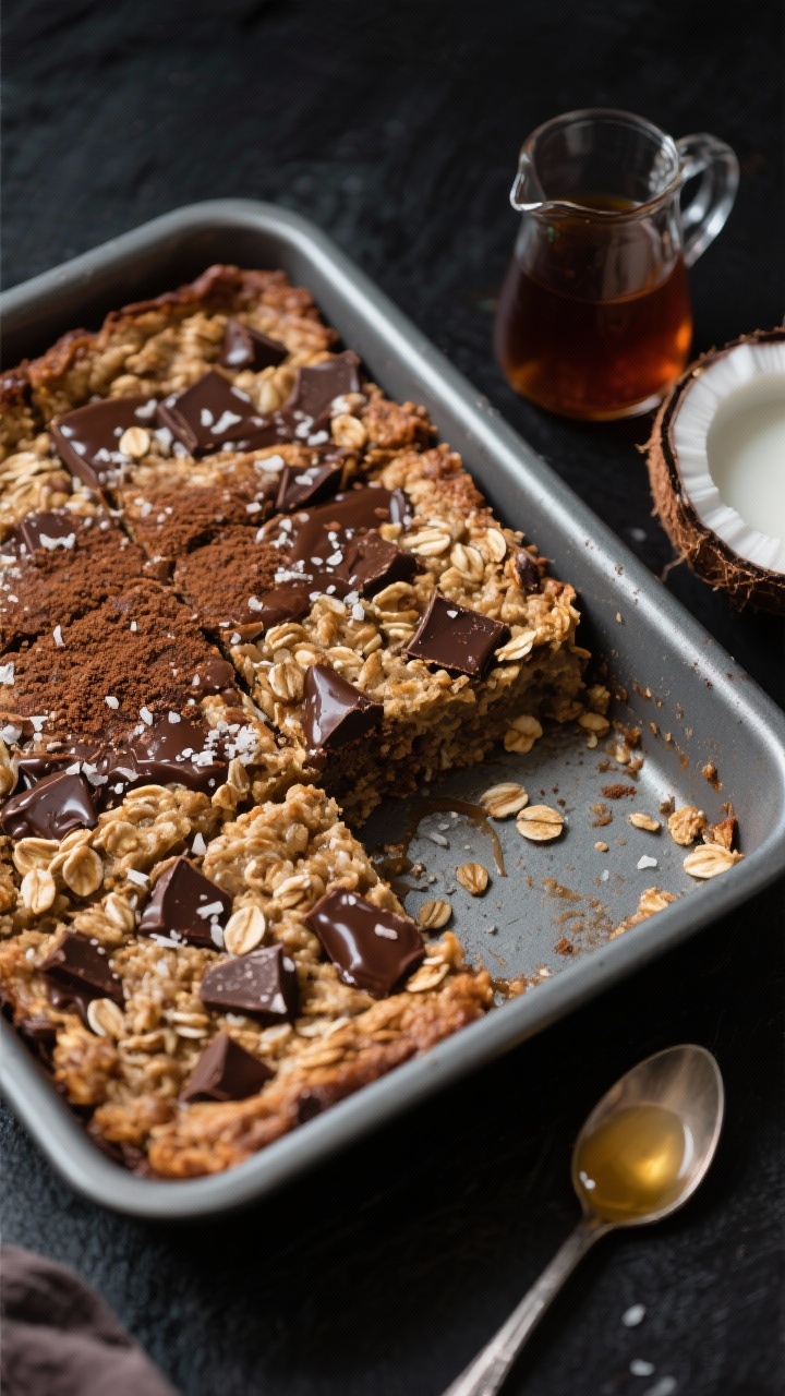 45-degree angle slice shot of chocolate chunk baked oatmeal in a square pan, cut into hearty squares; gooey pools of melted chocolate chunks laced through toasty old-fashioned rolled oats, edges crisped; a light sprinkle of flaky sea salt and a dusting of fine espresso grounds on top; side props include a small jug of maple syrup, a dish of coconut milk, and a spoon with melted coconut oil; moody dark backdrop to emphasize gloss and texture