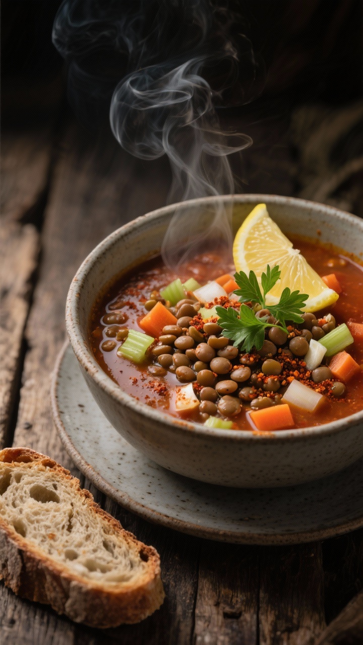 45-degree angle, steamy bowl of spicy lentil and veggie soup that eats like a meal: hearty mix of brown lentils with diced onion, carrots, celery, and minced garlic, tomato paste richness, ground cumin and smoked paprika visible as a rusty sheen on the surface; garnished with a lemon wedge and parsley, served in a matte stoneware bowl on a rustic wood table, a crusty slice of whole-grain bread beside it; moody lighting to emphasize depth and steam.