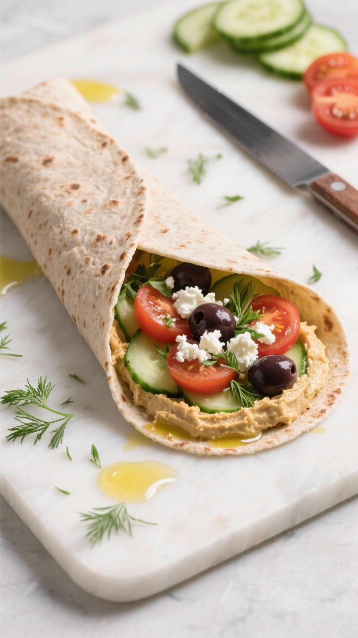 45-degree angle wrap assembly scene for a Mediterranean hummus breakfast wrap: whole-grain tortilla spread with a generous layer of hummus, lined with thin cucumber slices, halved cherry tomatoes, chopped kalamata olives, and crumbled feta, with fresh herbs (parsley/dill) scattered. Wrap half-rolled to show colorful strata, a drizzle of olive oil glistening. Clean board, knife, and ingredients in frame.