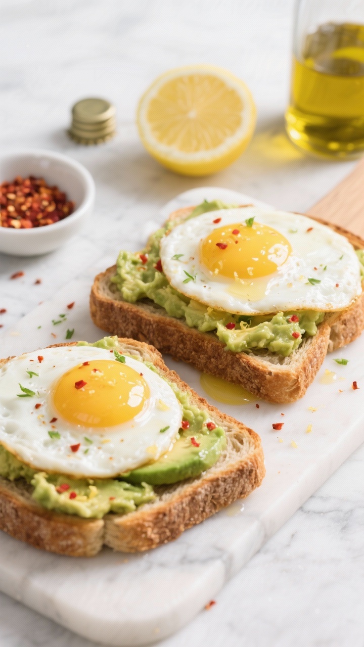 45-degree close-up of avocado egg toast assembly: two slices of hearty sourdough toasted, topped with mashed ripe avocado mixed with lemon zest and lemon juice, finished with red pepper flakes and a glossy olive oil drizzle. Two sunny-side-up eggs with set whites and golden, runny yolks placed on top, micro-zest of lemon scattered on the board. Styled on a light marble surface with a small bowl of chili flakes, a cut lemon, and a bottle cap of olive oil. Clean, bright, fresh vibe.