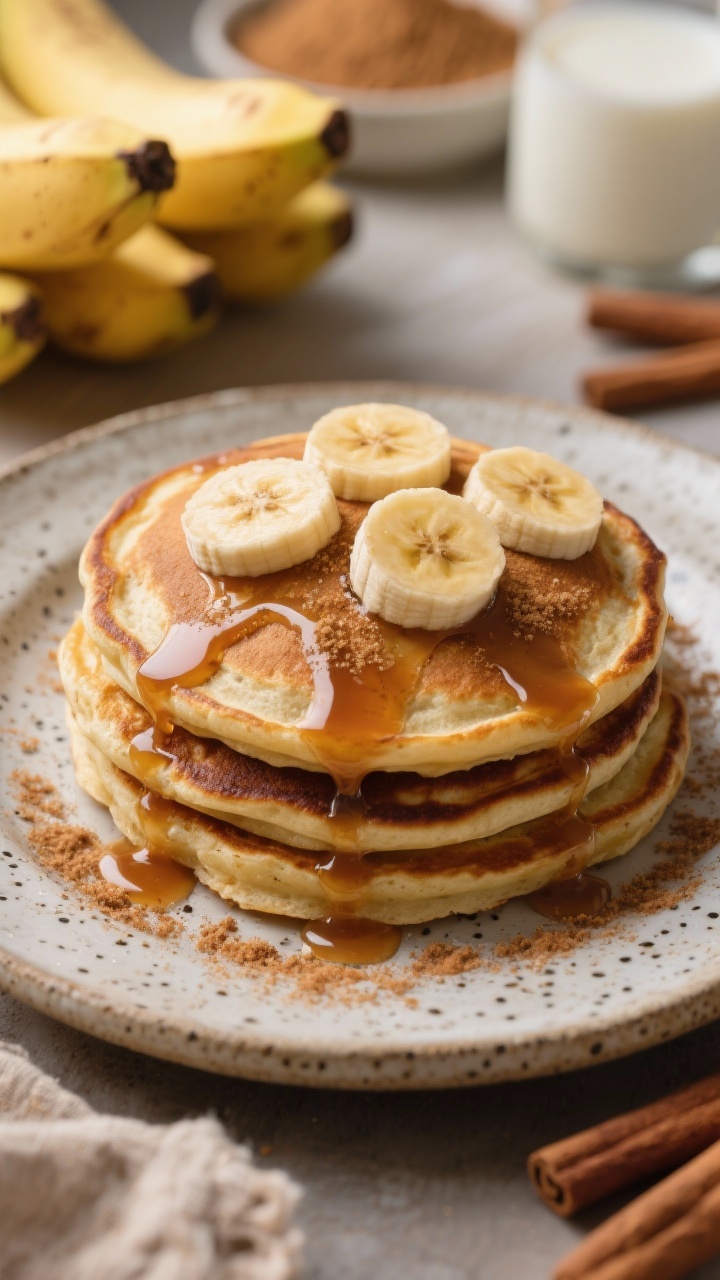 45-degree close-up of banana bread pancakes on a rustic stoneware plate, speckled and caramelized from ripe mashed bananas, dusted lightly with cinnamon and brown sugar, topped with sliced banana coins and a glossy maple drizzle; ingredients in soft focus: a bunch of ripe bananas, all-purpose flour, brown sugar, baking powder, baking soda, ground cinnamon, and milk; warm, dessert-like vibe with cozy textures and rich golden-brown tones.