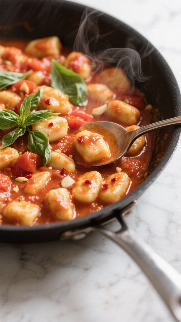 45-degree close-up of creamy one-pot tomato basil gnocchi: pillowy gnocchi coated in a silky tomato sauce made from crushed tomatoes and broth, flecks of minced garlic and optional crushed red pepper, ribbons of fresh basil folded in; sauce clings to each dumpling, glossy from olive oil; served in a wide shallow skillet on a light marble surface; a spoon creating a swoop in the sauce, steam rising.