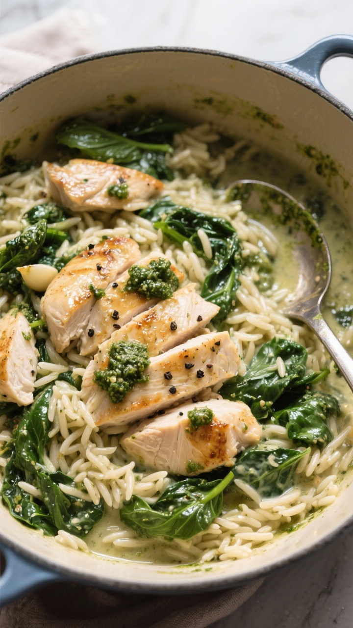 45-degree cozy one-pot scene of creamy pesto orzo with chicken and spinach: bite-size chicken breast pieces seared and nestled into glossy orzo simmered in low-sodium chicken broth, folded with prepared basil pesto and wilted spinach; creamy, saucy texture clinging to the grains, garlic notes evident, finished with a few pesto dollops and cracked pepper; served straight from a Dutch oven with a ladle resting in the pot.