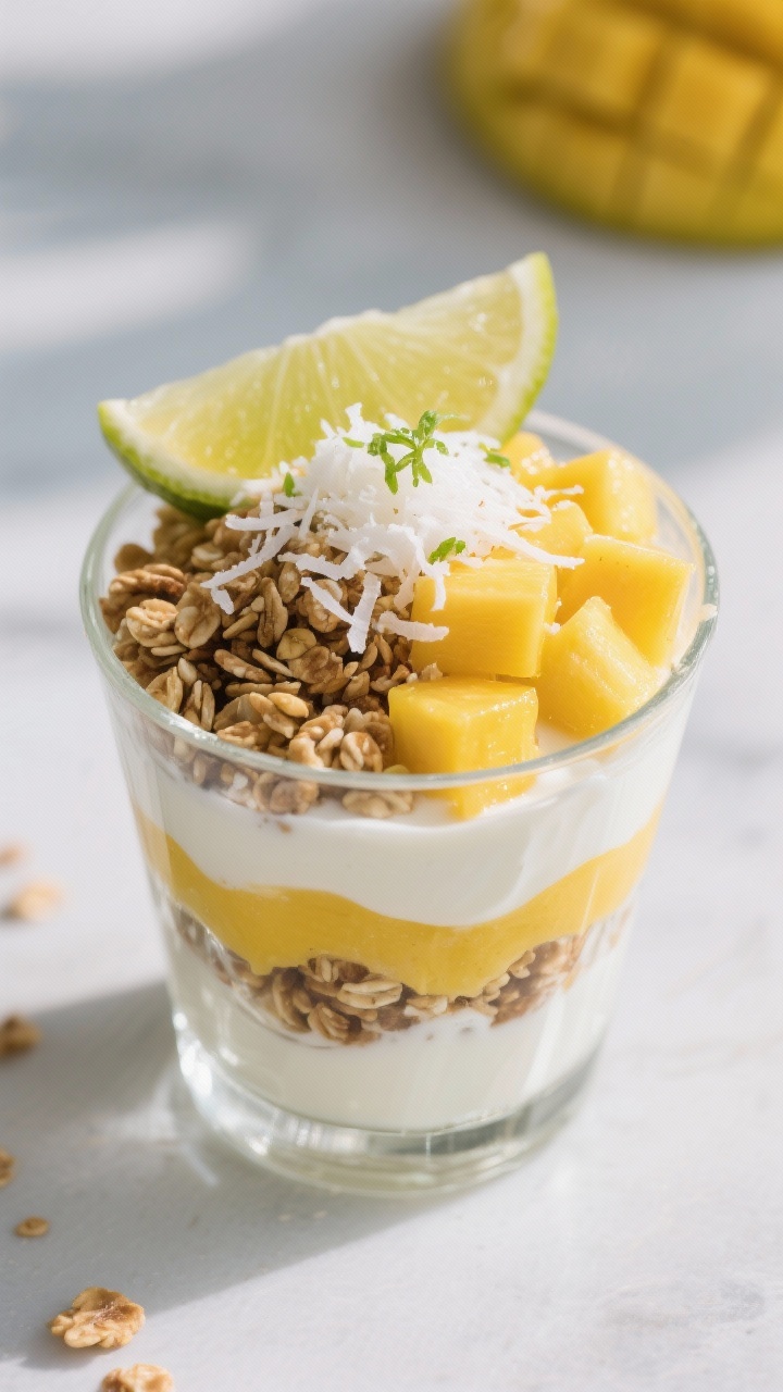 45-degree dessert-style parfait “sundae” in a clear glass: thick Greek yogurt layered with juicy diced mango, big-cluster granola for crunch, a dusting of shredded coconut, fragrant lime zest, and a squeeze of fresh lime juice. Vibrant yellow and white contrast, crisp granola texture emphasized, bright, tropical mood.