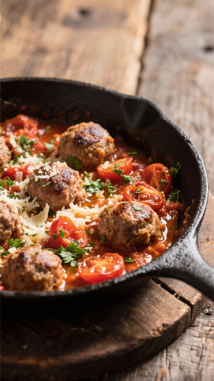 45-degree family-style pan shot: Turkey meatballs (lean ground turkey) seared and nestled in a chunky herby tomato burst sauce with blistered tomatoes, flecks of parsley, and Italian seasoning; Parmesan grated over top; a drizzle of olive oil catching the light; served in a black cast-iron skillet on a rustic wooden table, cozy and comforting.