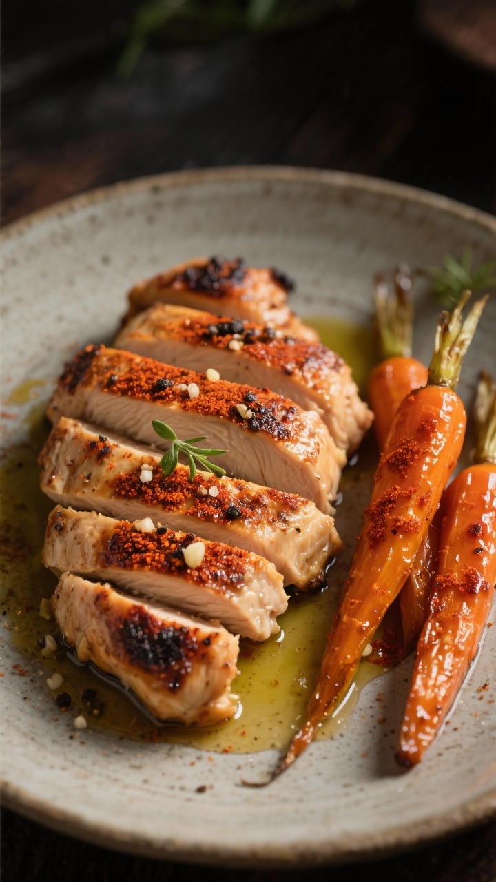 45-degree hero shot: Juicy smoky chicken breasts sliced to show tenderness, seasoned with smoked paprika, garlic powder, onion powder, kosher salt, and black pepper, arranged beside sweet paprika-dusted glazed carrots; a light brush of olive oil sheen; served on a stoneware plate with a minimal herb garnish; moody, warm tones to emphasize char and color contrast.