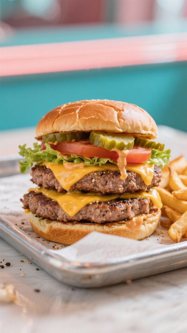 45-degree hero shot of turkey smash burgers: thin, craggy-edged patties (93% lean) seasoned with kosher salt, black pepper, onion powder, and garlic powder, topped with melted cheddar; stacked on toasted burger buns with lettuce, tomato, and pickles, secret sauce dripping slightly; served on a metal tray lined with parchment, a few crisp fries as props, bright diner-style lighting.