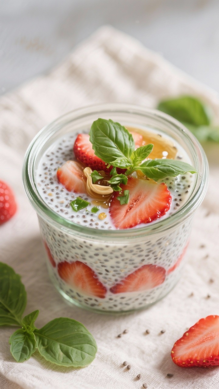 45-degree jar shot of strawberry-basil chia pudding: chia seeds plumped in unsweetened almond milk, layered with sliced strawberries, lightly drizzled honey, finely chopped fresh basil, and a hint of vanilla; glass jar on a light linen, extra basil leaves and strawberry slices scattered, silky-soft texture with visible chia pearls.