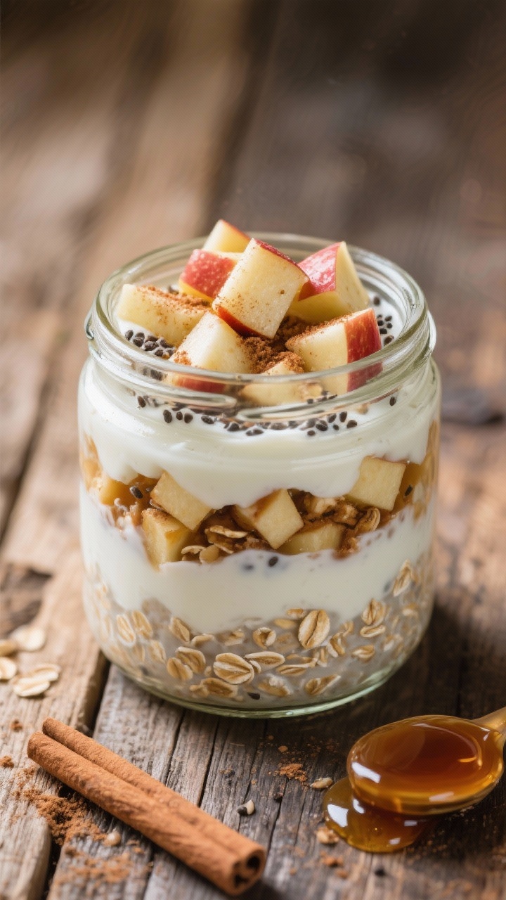 45-degree layered jar of apple pie overnight oats: rolled oats mixed with milk and Greek yogurt, folded with diced apple, maple syrup, cinnamon, and chia; topped with a few apple cubes and a dusting of cinnamon; rustic wooden surface and a small maple syrup drizzle for warmth.