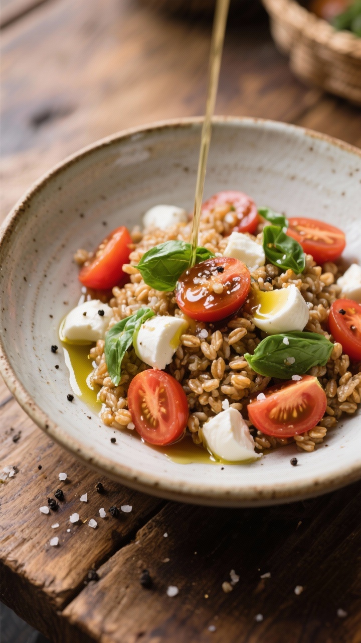 45-degree plated caprese farro bowl: warm farro base with halved cherry tomatoes, fresh mozzarella pearls, and torn basil; a visible drizzle stream of extra-virgin olive oil and balsamic-honey reduction pooling slightly; coarse black pepper and flaky sea salt sprinkled on top; rustic ceramic bowl on a wooden table for an Italian market feel.