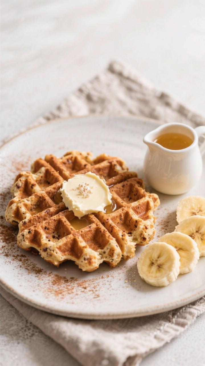 45-degree plated presentation of banana bread waffles: deeply gridded waffles with banana-speckled crumb, crisp edges, and a generous dollop of salted honey butter melting into the squares. Light brown sugar and cinnamon dusting visible, sliced very ripe bananas fanned on the side, and a small pitcher of honey. Clean ceramic plate on a textured linen, bright but cozy morning vibe.