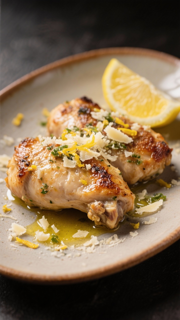 45-degree plated presentation of garlicky Parmesan chicken thighs, boneless and skinless, glistening with olive oil and lemon juice, edges browned and crisp. Finely minced garlic and fresh Parmesan shavings visible on top, lemon zest sprinkled like confetti, served on a warm ceramic plate with a lemon wedge. Clean, moody side light to emphasize texture.