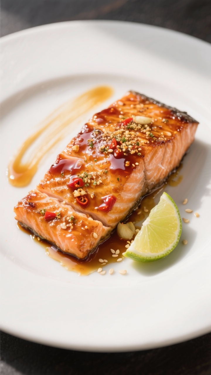 45-degree plated presentation of honey-chili glazed salmon fillets, lacquered with a glossy honey, sriracha, soy sauce glaze; skin-on fillets with lightly crisped skin, sprinkled with garlic powder and a pinch of ground ginger; set on a white plate with a brush-stroke of extra glaze, a lime wedge alternative for brightness, and a few sesame seeds; soft side light highlighting the sticky glaze and flaky layers.