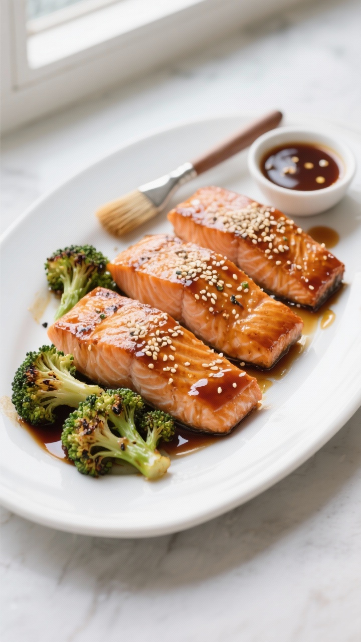 45-degree plated presentation of honey-soy glazed salmon with sesame broccoli: four glistening, skin-on salmon fillets lacquered with a soy, honey, and rice vinegar glaze, garnished with toasted sesame seeds. Broccoli florets tossed in olive oil, lightly charred at the tips, seasoned with kosher salt and black pepper. Served on a wide white ceramic platter with a small dish of extra glaze and a brush, droplets of sauce on the rim. Clean, modern styling, soft window light emphasizing the sticky sheen.
