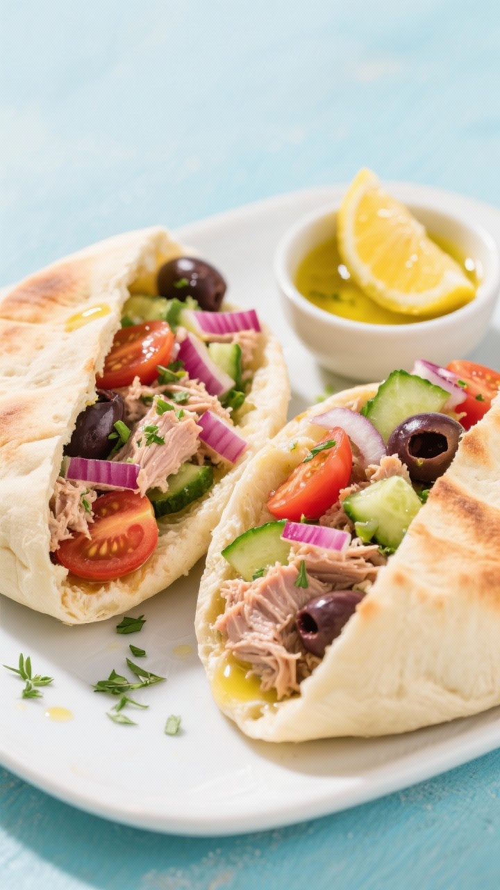 45-degree plated presentation of Mediterranean tuna pita pockets: halved pitas stuffed with tuna in olive oil mixed with finely chopped red onion, diced cucumber, halved cherry tomatoes, sliced kalamata olives, and chopped herbs; herby lemon dressing drizzled inside and lightly over; a small bowl of extra dressing and lemon wedges alongside; bright coastal palette, crisp veggies, glossy tuna.