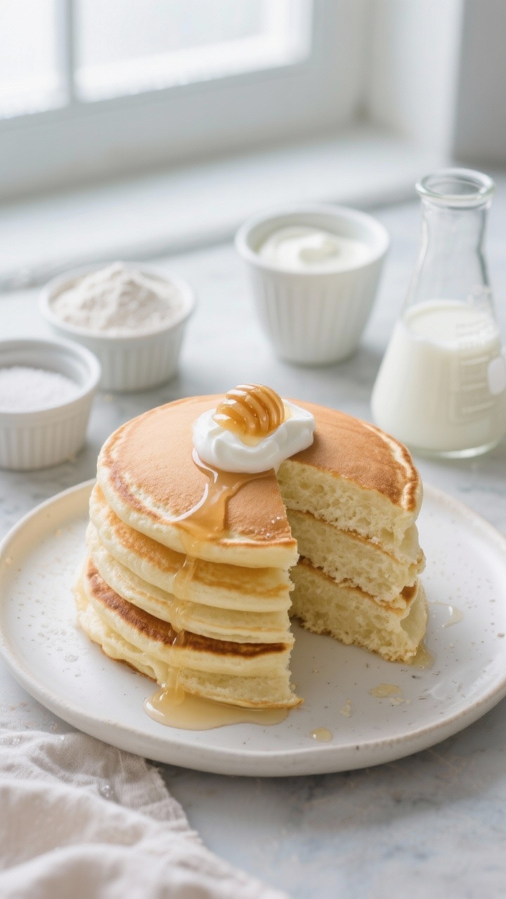 45-degree plated presentation of ultra tangy, ultra fluffy buttermilk-style pancakes made with yogurt, towering stack with airy crumb visible on a cut wedge, topped with a dollop of plain yogurt and a light honey drizzle; props include small ramekins of all-purpose flour, sugar, baking powder, baking soda, salt, a cup of plain yogurt (Greek), and a small beaker of milk; cool, fresh tones with soft window light to highlight the tangy, cloudlike texture.